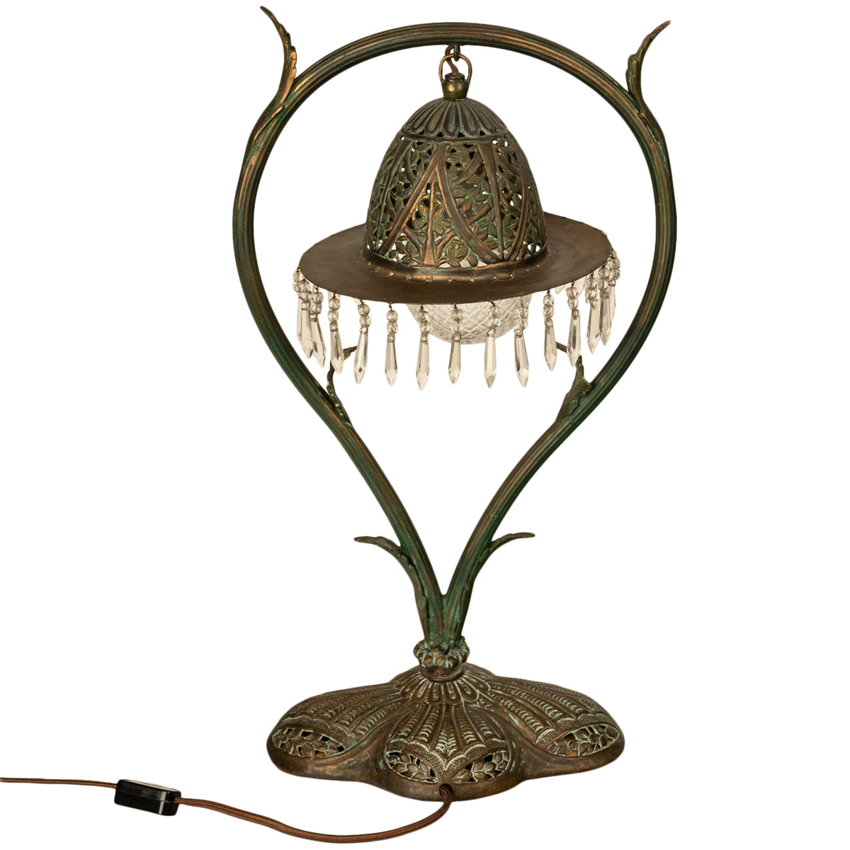 Antique Austrian Art Nouveau Organic Style Bronze & Glass Prisms Table Lamp 1900