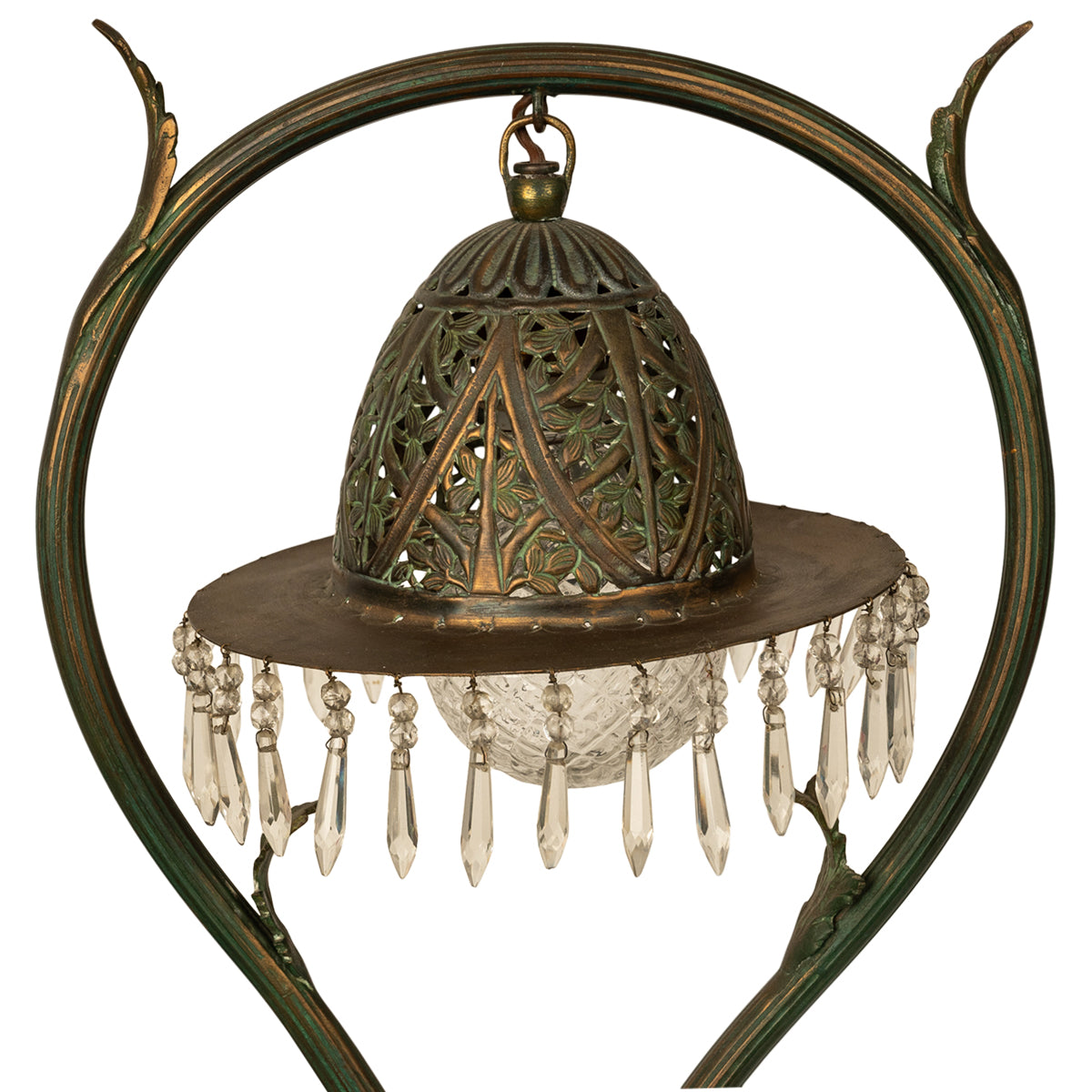 Antique Austrian Art Nouveau Organic Style Bronze & Glass Prisms Table Lamp 1900