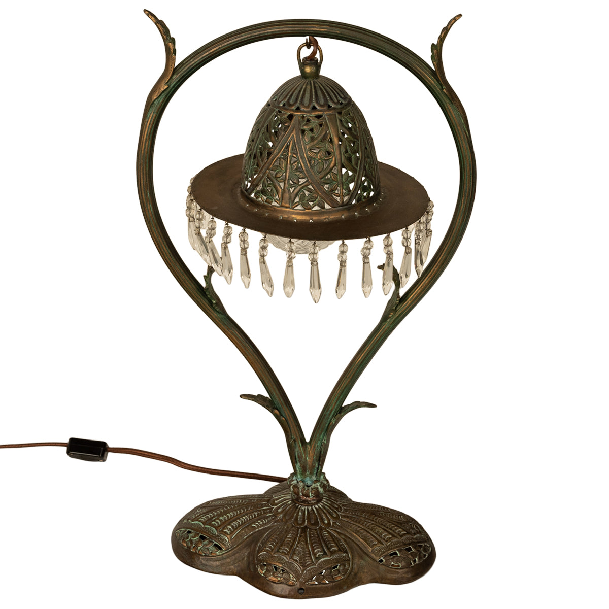 Antique Austrian Art Nouveau Organic Style Bronze & Glass Prisms Table Lamp 1900