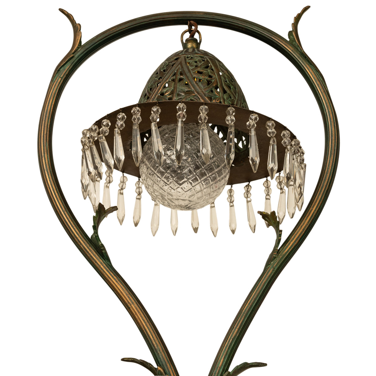 Antique Austrian Art Nouveau Organic Style Bronze & Glass Prisms Table Lamp 1900