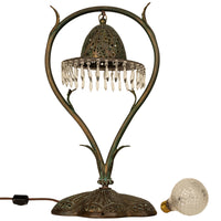 Antique Austrian Art Nouveau Organic Style Bronze & Glass Prisms Table Lamp 1900