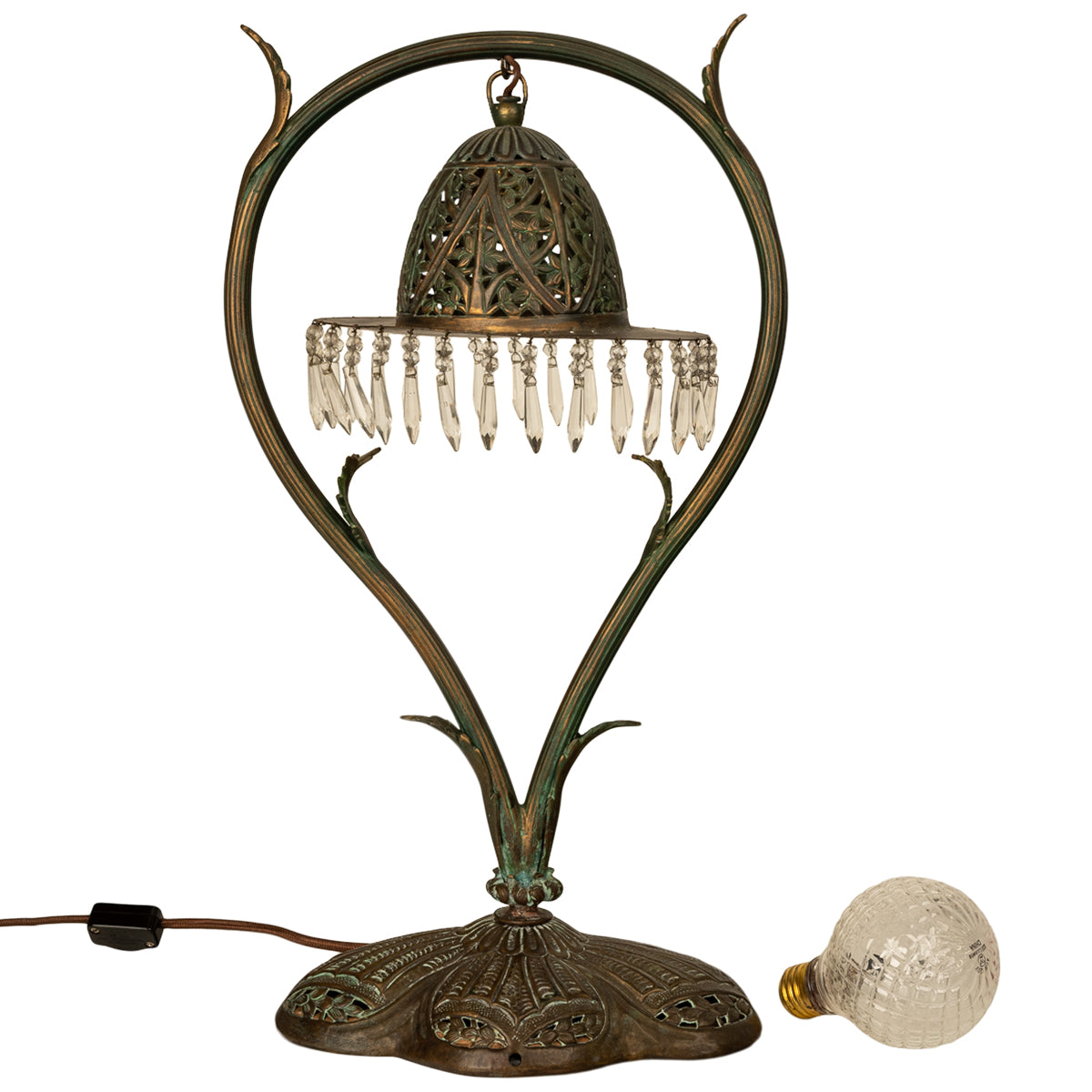Antique Austrian Art Nouveau Organic Style Bronze & Glass Prisms Table Lamp 1900