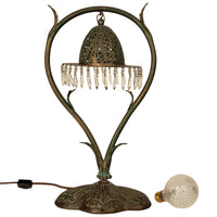 Antique Austrian Art Nouveau Organic Style Bronze & Glass Prisms Table Lamp 1900