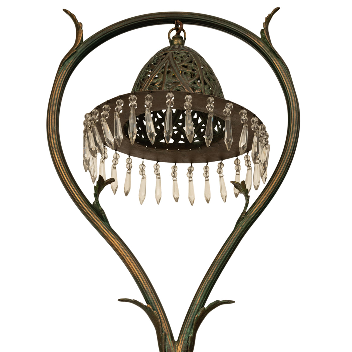 Antique Austrian Art Nouveau Organic Style Bronze & Glass Prisms Table Lamp 1900