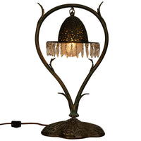 Antique Austrian Art Nouveau Organic Style Bronze & Glass Prisms Table Lamp 1900