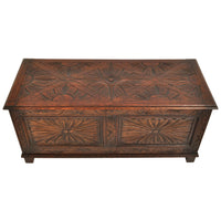 Antique English Arts & Crafts Carved Oak Coffer Blanket Chest Window Seat 1900