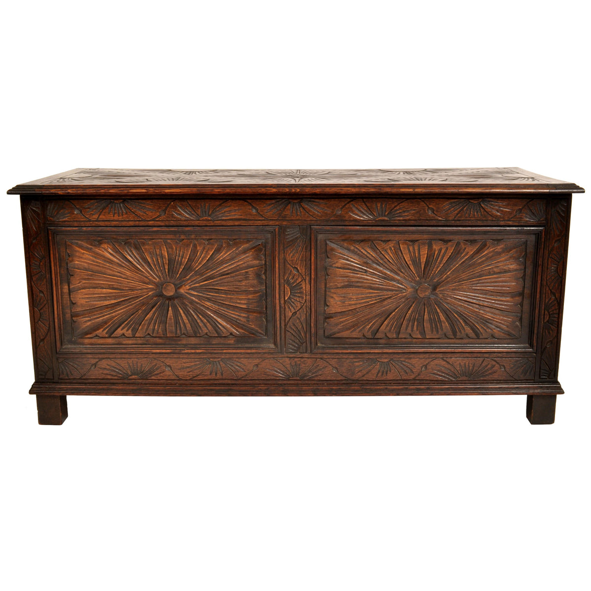 Antique English Arts & Crafts Carved Oak Coffer Blanket Chest Window Seat 1900