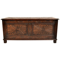 Antique English Arts & Crafts Carved Oak Coffer Blanket Chest Window Seat 1900