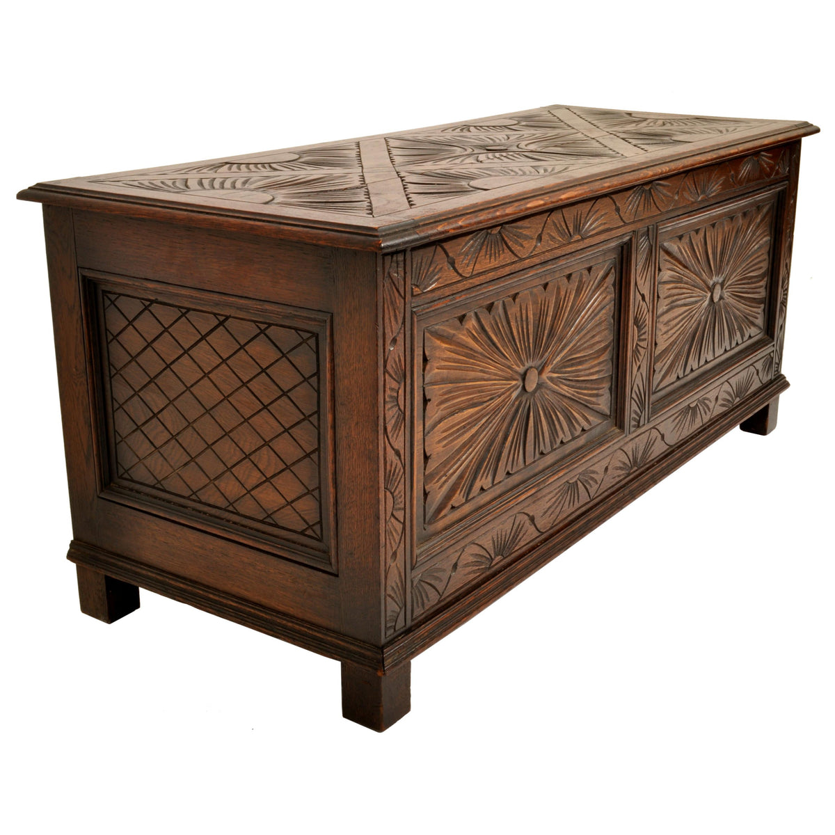 Antique English Arts & Crafts Carved Oak Coffer Blanket Chest Window Seat 1900