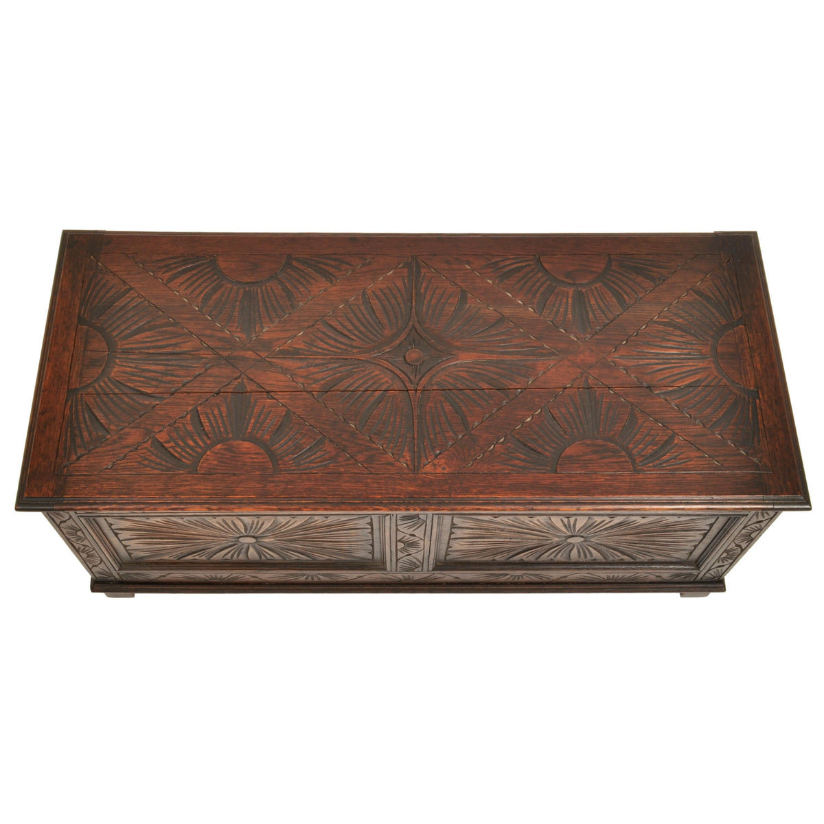 Antique English Arts & Crafts Carved Oak Coffer Blanket Chest Window Seat 1900