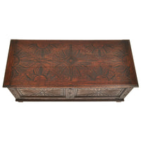 Antique English Arts & Crafts Carved Oak Coffer Blanket Chest Window Seat 1900