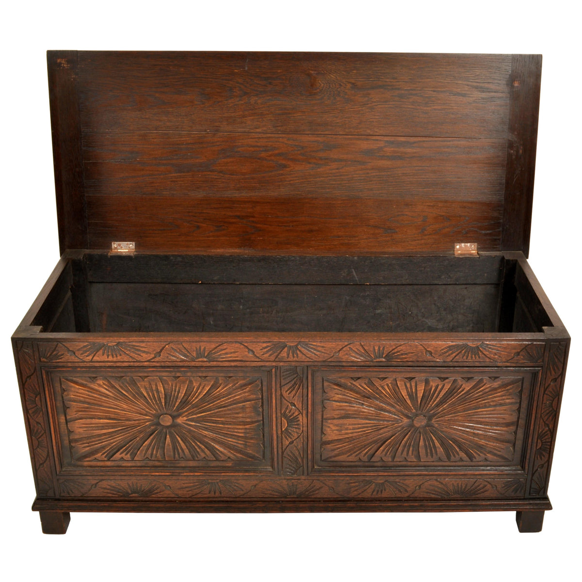 Antique English Arts & Crafts Carved Oak Coffer Blanket Chest Window Seat 1900