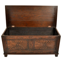 Antique English Arts & Crafts Carved Oak Coffer Blanket Chest Window Seat 1900