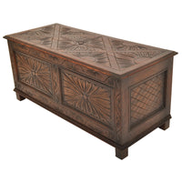 Antique English Arts & Crafts Carved Oak Coffer Blanket Chest Window Seat 1900