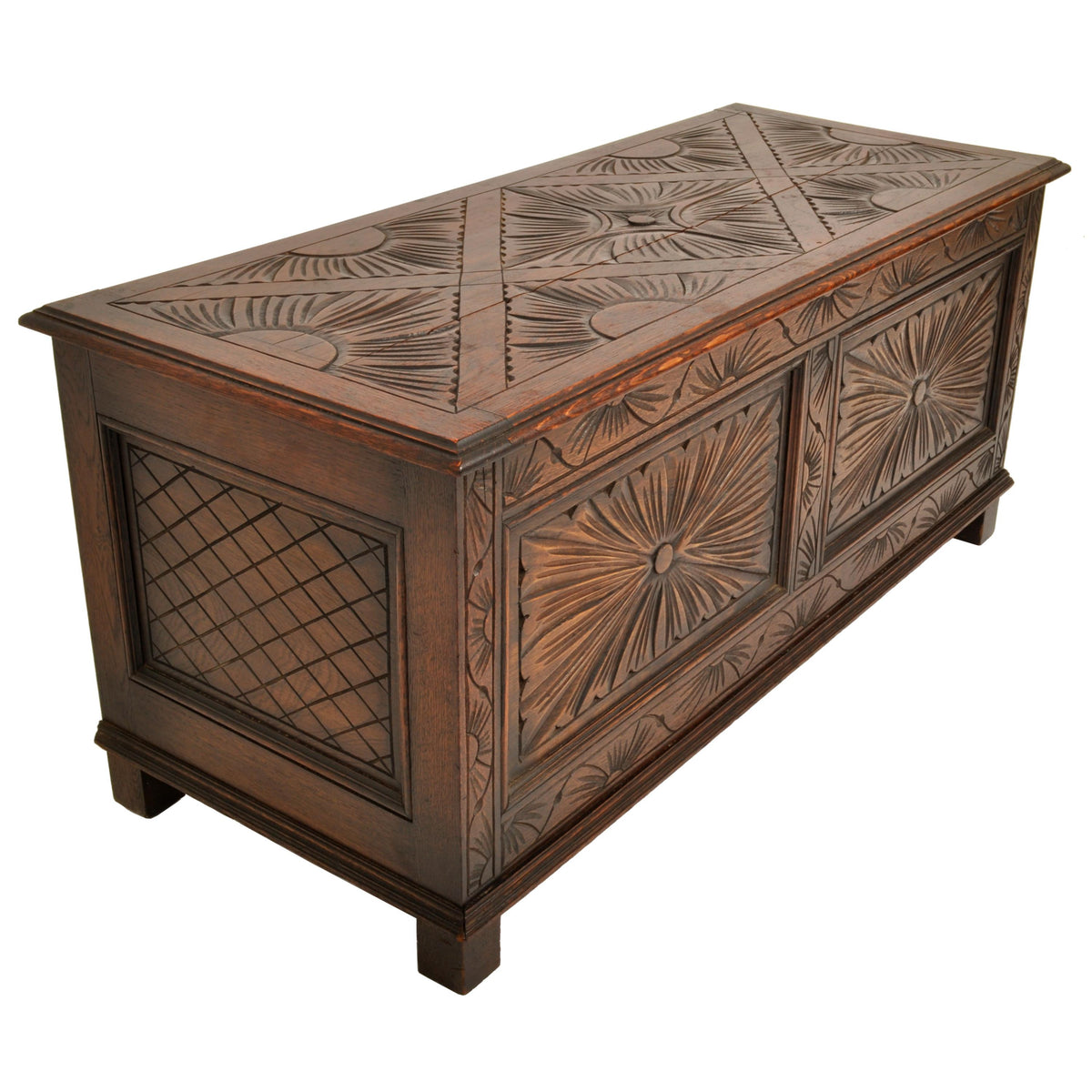 Antique English Arts & Crafts Carved Oak Coffer Blanket Chest Window Seat 1900