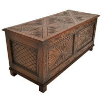 Antique English Arts & Crafts Carved Oak Coffer Blanket Chest Window Seat 1900