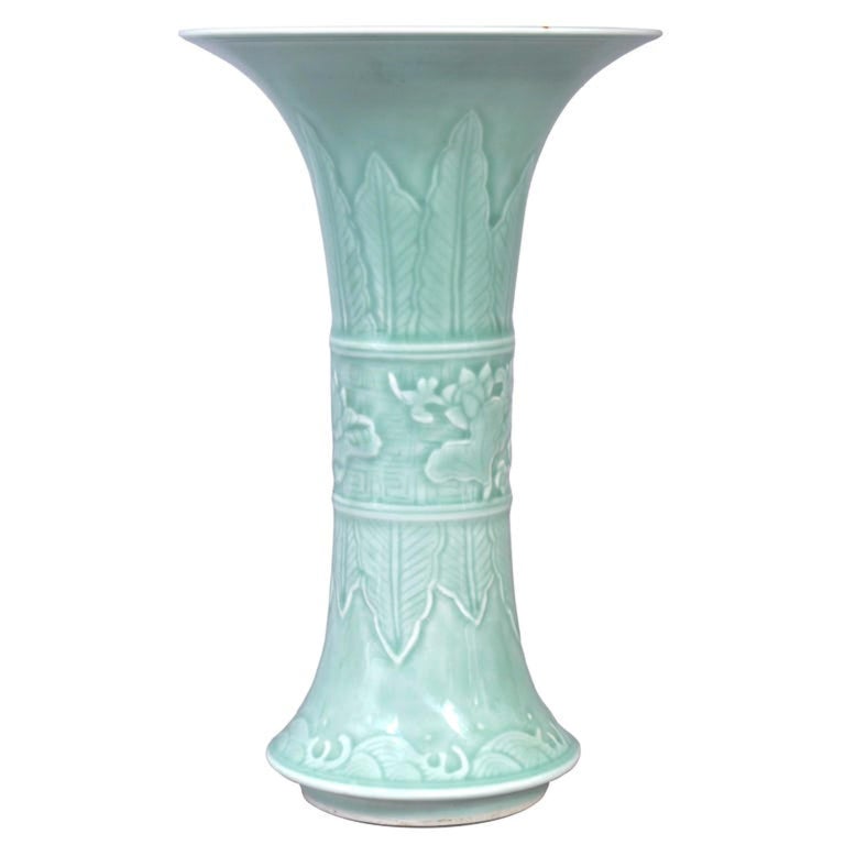 Antique Chinese Qing Green Celadon Relief Decorated Gu Shape Porcelain Vase 1850