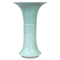 Antique Chinese Qing Green Celadon Relief Decorated Gu Shape Porcelain Vase 1850