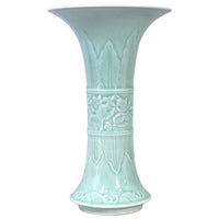 Antique Chinese Qing Green Celadon Relief Decorated Gu Shape Porcelain Vase 1850