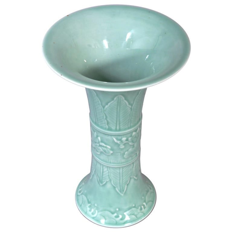 Antique Chinese Qing Green Celadon Relief Decorated Gu Shape Porcelain Vase 1850