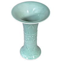 Antique Chinese Qing Green Celadon Relief Decorated Gu Shape Porcelain Vase 1850