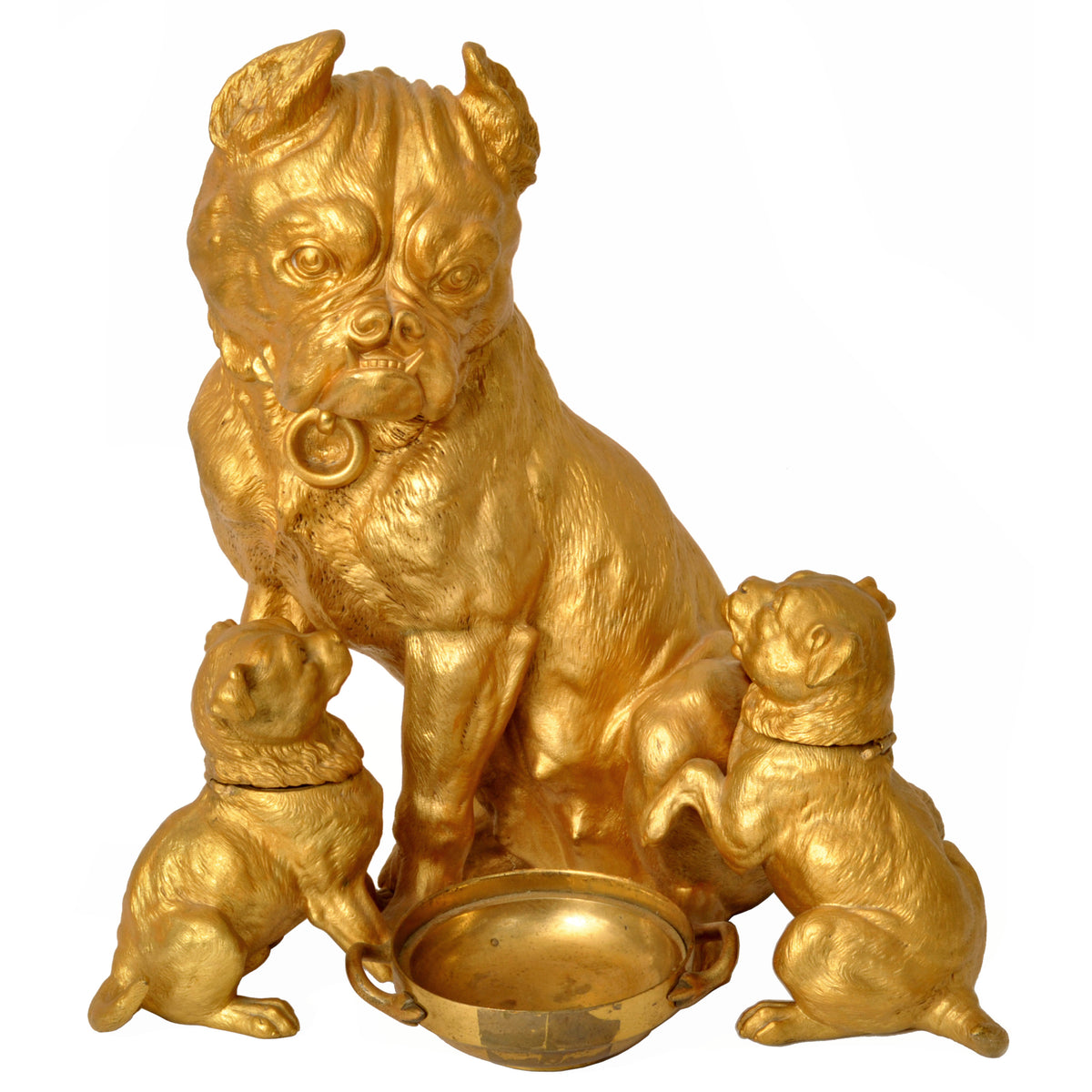 Large Antique Austrian Gilded Bronze Desk Set Sculpture Pug Dogs & Puppies, Circa 1910