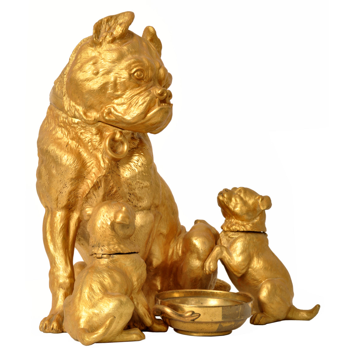 Large Antique Austrian Gilded Bronze Desk Set Sculpture Pug Dogs & Puppies, Circa 1910