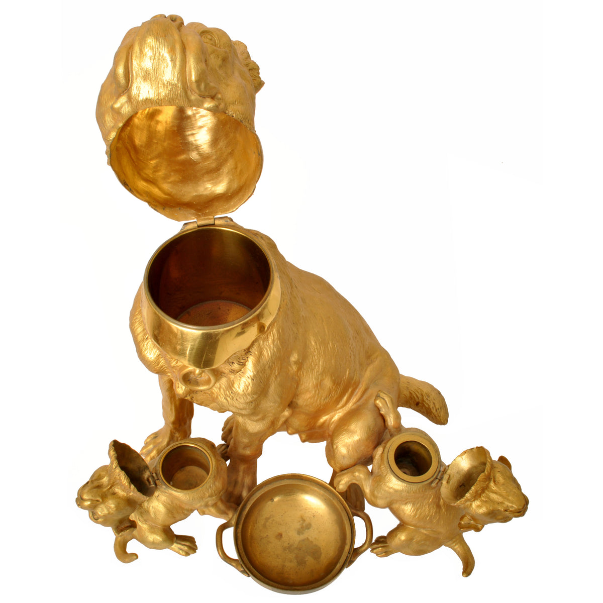 Large Antique Austrian Gilded Bronze Desk Set Sculpture Pug Dogs & Puppies, Circa 1910