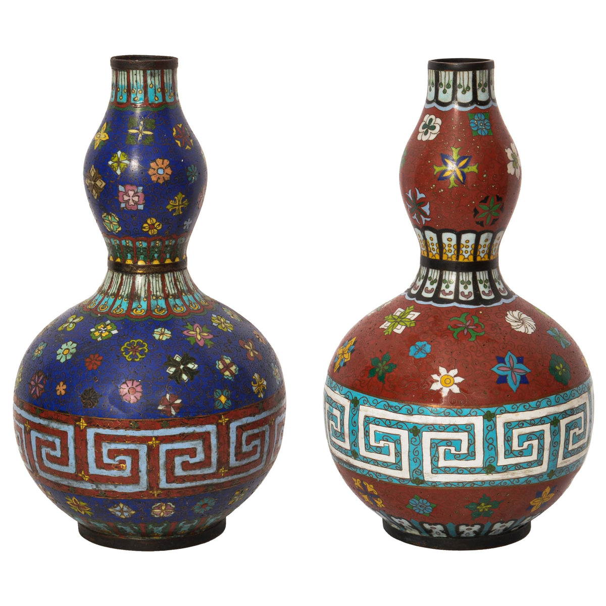 Pair Fine Antique 19th Century Japanese Meiji Cloisonné Double Gourd Vases 1890