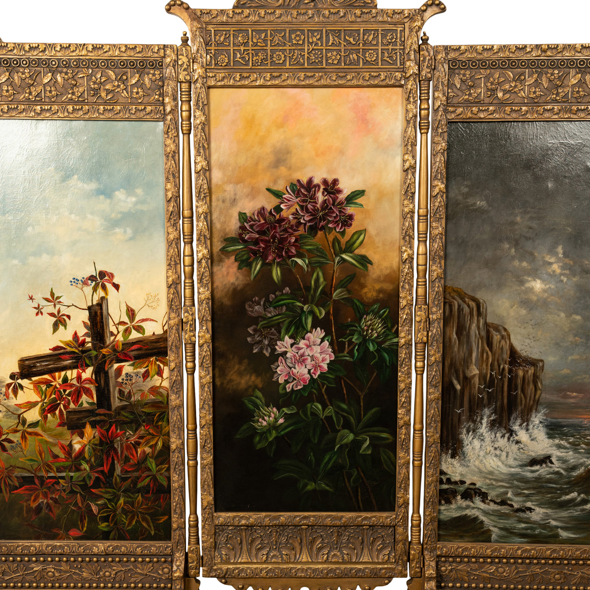 Antique Gilded Room Divider Screen Oil Painting Aesthetic Movement NY 1885