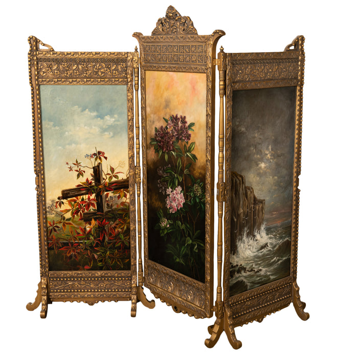 Antique Gilded Room Divider Screen Oil Painting Aesthetic Movement NY 1885