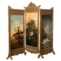 Antique Gilded Room Divider Screen Oil Painting Aesthetic Movement NY 1885