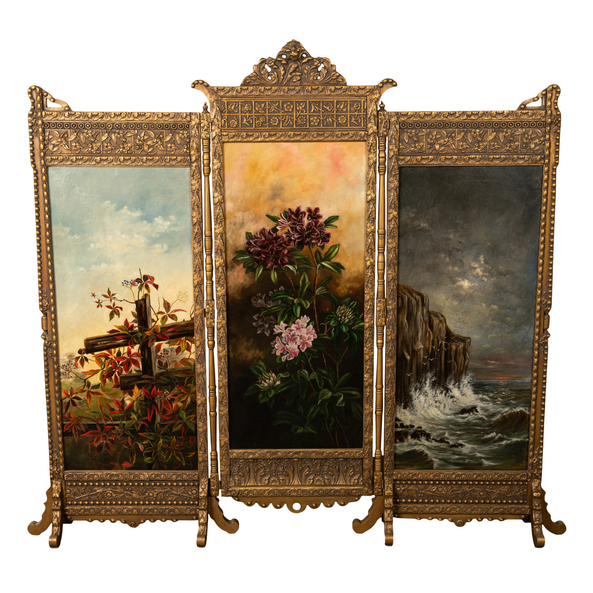 Antique Gilded Room Divider Screen Oil Painting Aesthetic Movement NY 1885