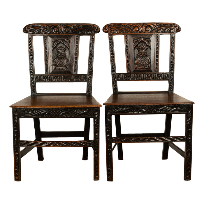 Pair Antique Georgian Carved Oak Country Medieval Side Chairs King's Head 1760