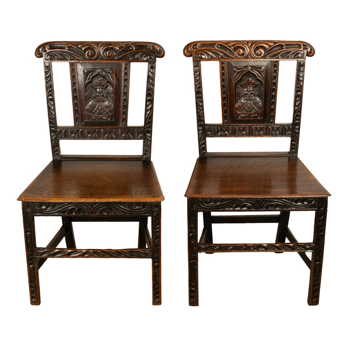 Pair Antique Georgian Carved Oak Country Medieval Side Chairs King's Head 1760