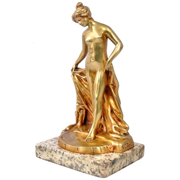 Antique French Art Nouveau Gilt Bronze Statue Sculpture Female Nude Bather 1895 by Eugene Victor Cherrier