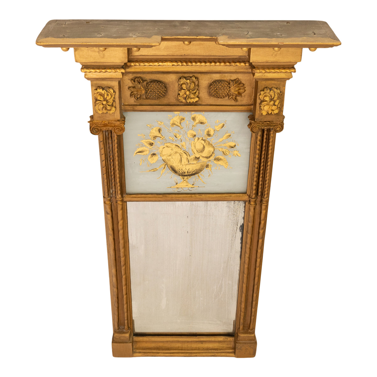 Antique American Federal Carved Giltwood Pier Mirror Églomisé Panel NY 1810