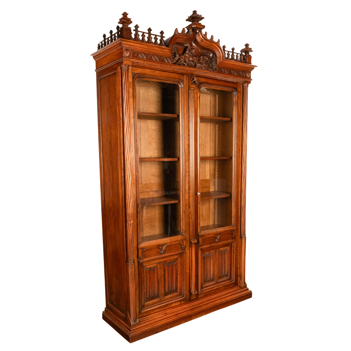 Antique French Carved Oak Gothic Revival Library Bookcase Bibliotheque 1880