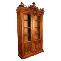 Antique French Carved Oak Gothic Revival Library Bookcase Bibliotheque 1880