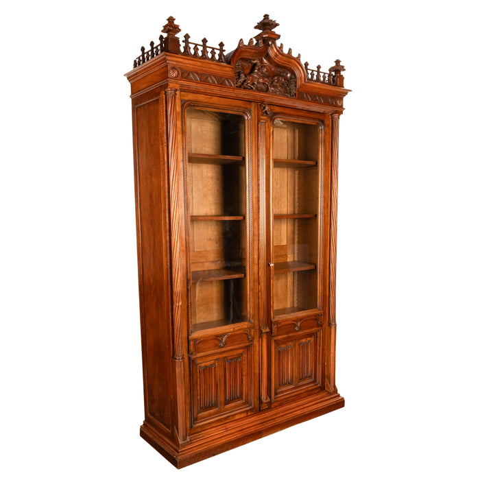 Antique French Carved Oak Gothic Revival Library Bookcase Bibliotheque 1880