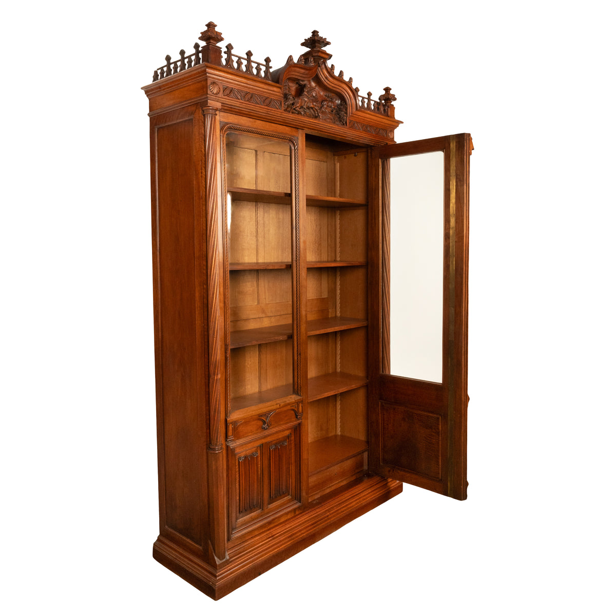 Antique French Carved Oak Gothic Revival Library Bookcase Bibliotheque 1880