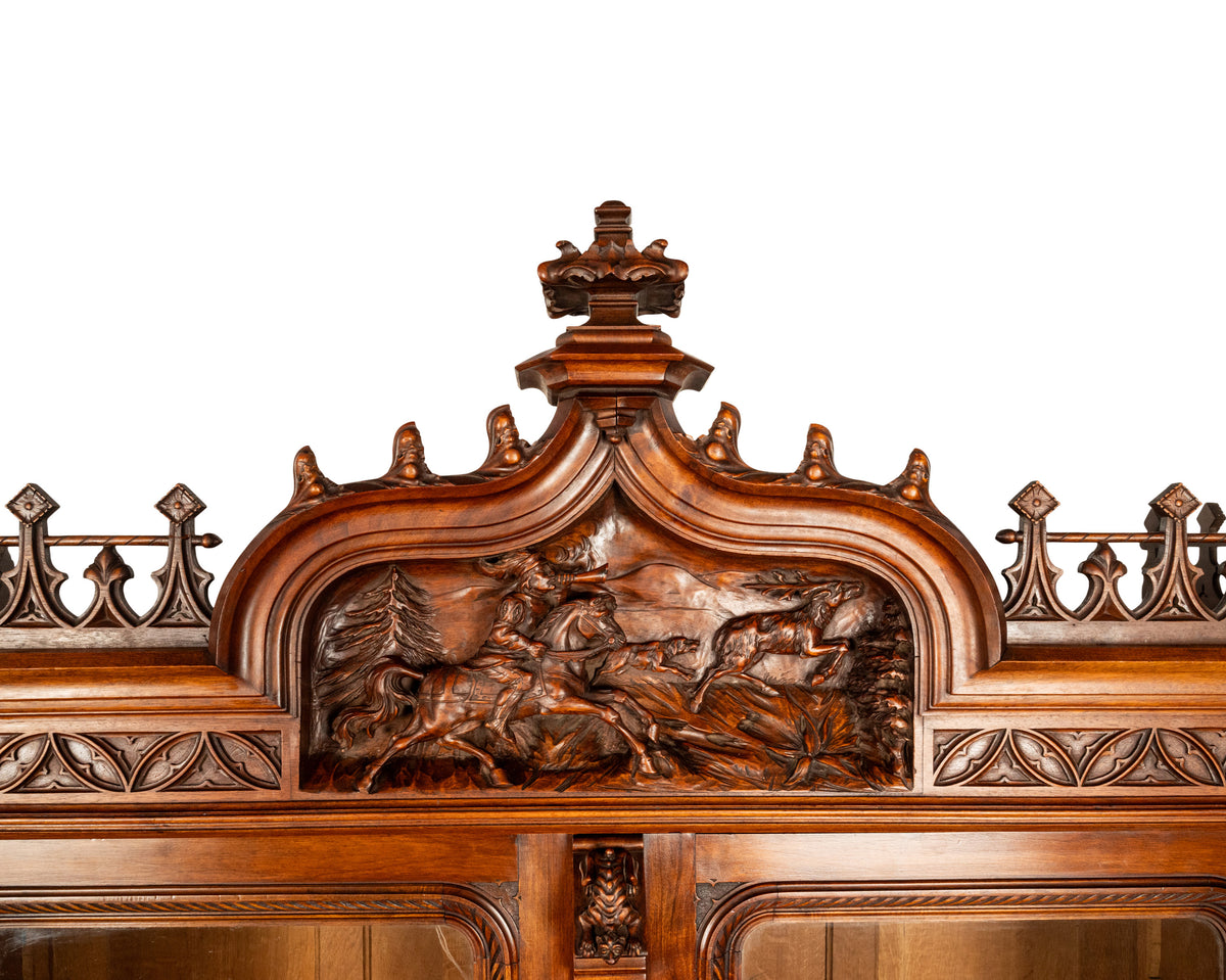 Antique French Carved Oak Gothic Revival Library Bookcase Bibliotheque 1880