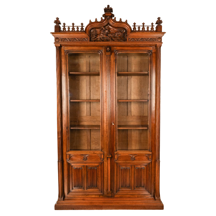 Antique French Carved Oak Gothic Revival Library Bookcase Bibliotheque 1880