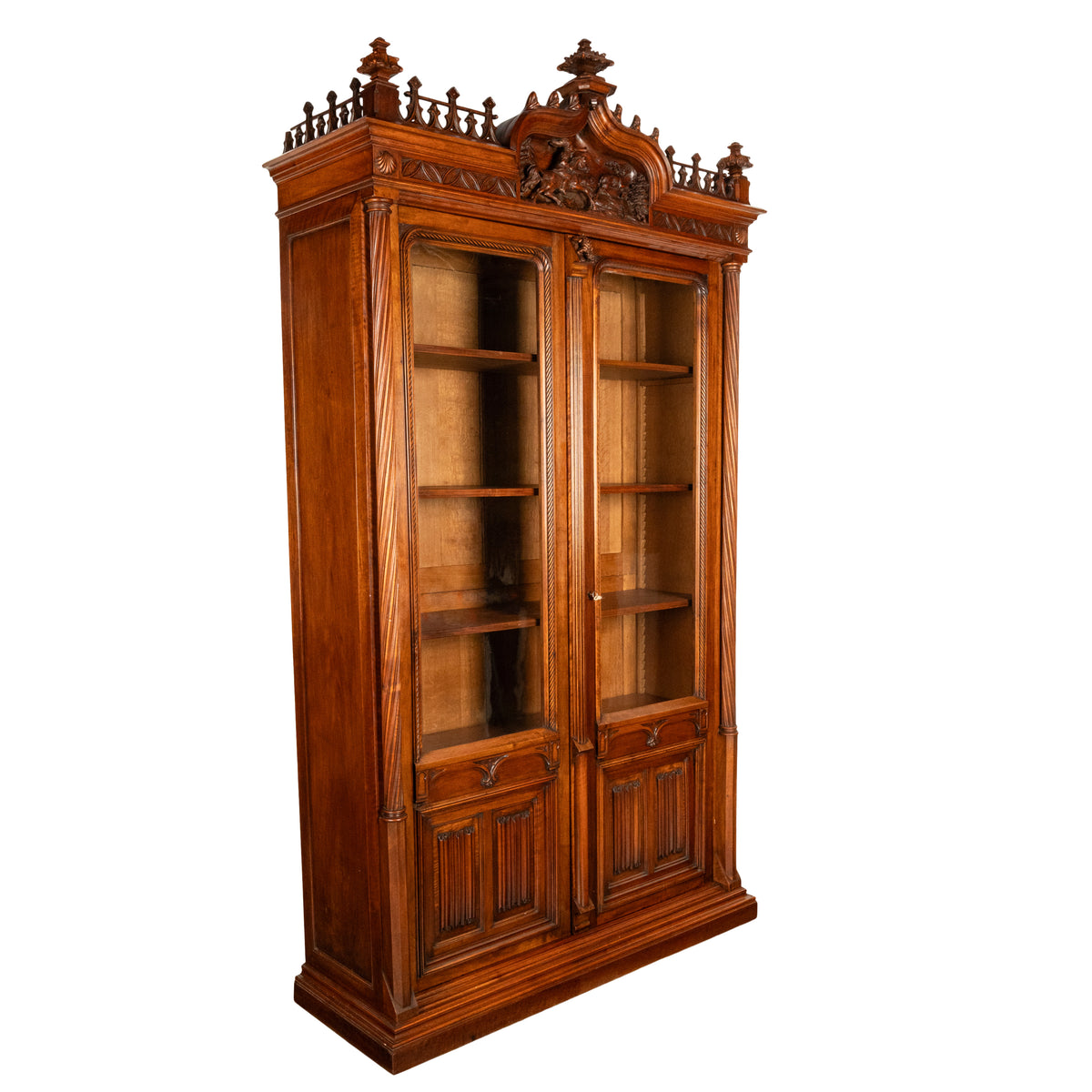Antique French Carved Oak Gothic Revival Library Bookcase Bibliotheque 1880