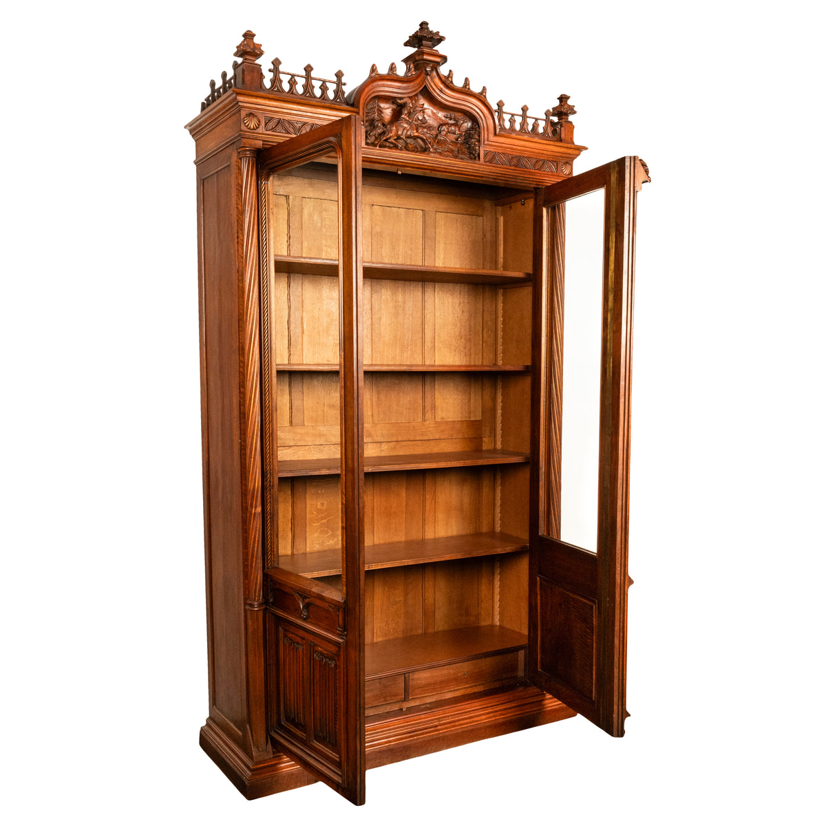 Antique French Carved Oak Gothic Revival Library Bookcase Bibliotheque 1880