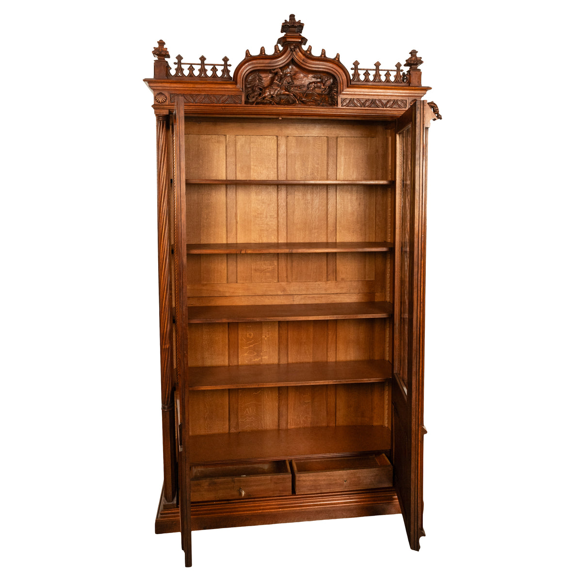 Antique French Carved Oak Gothic Revival Library Bookcase Bibliotheque 1880