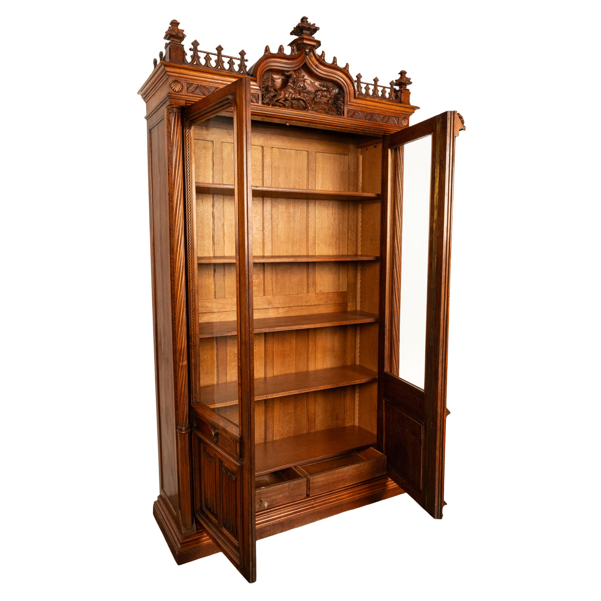 Antique French Carved Oak Gothic Revival Library Bookcase Bibliotheque 1880