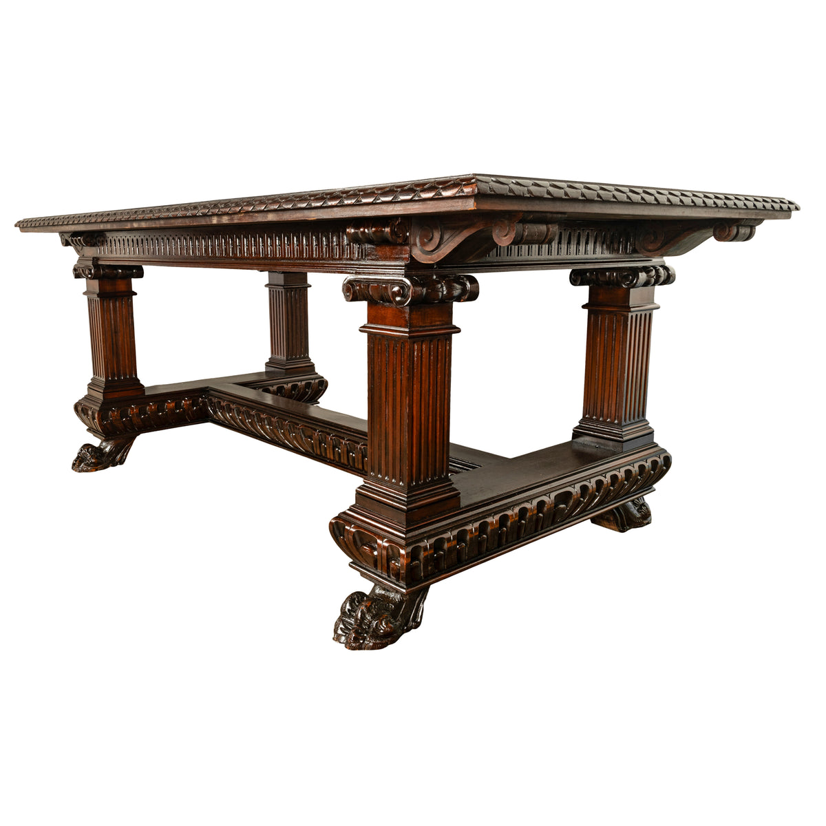 Antique Italian Carved Renaissance Revival Walnut Library Dining Table 1880