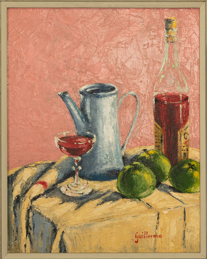 Modernist Spanish Abstract Impressionist Oil Canvas Still Life Painting 1950  by Juan Guillermo Rodriguez Baez