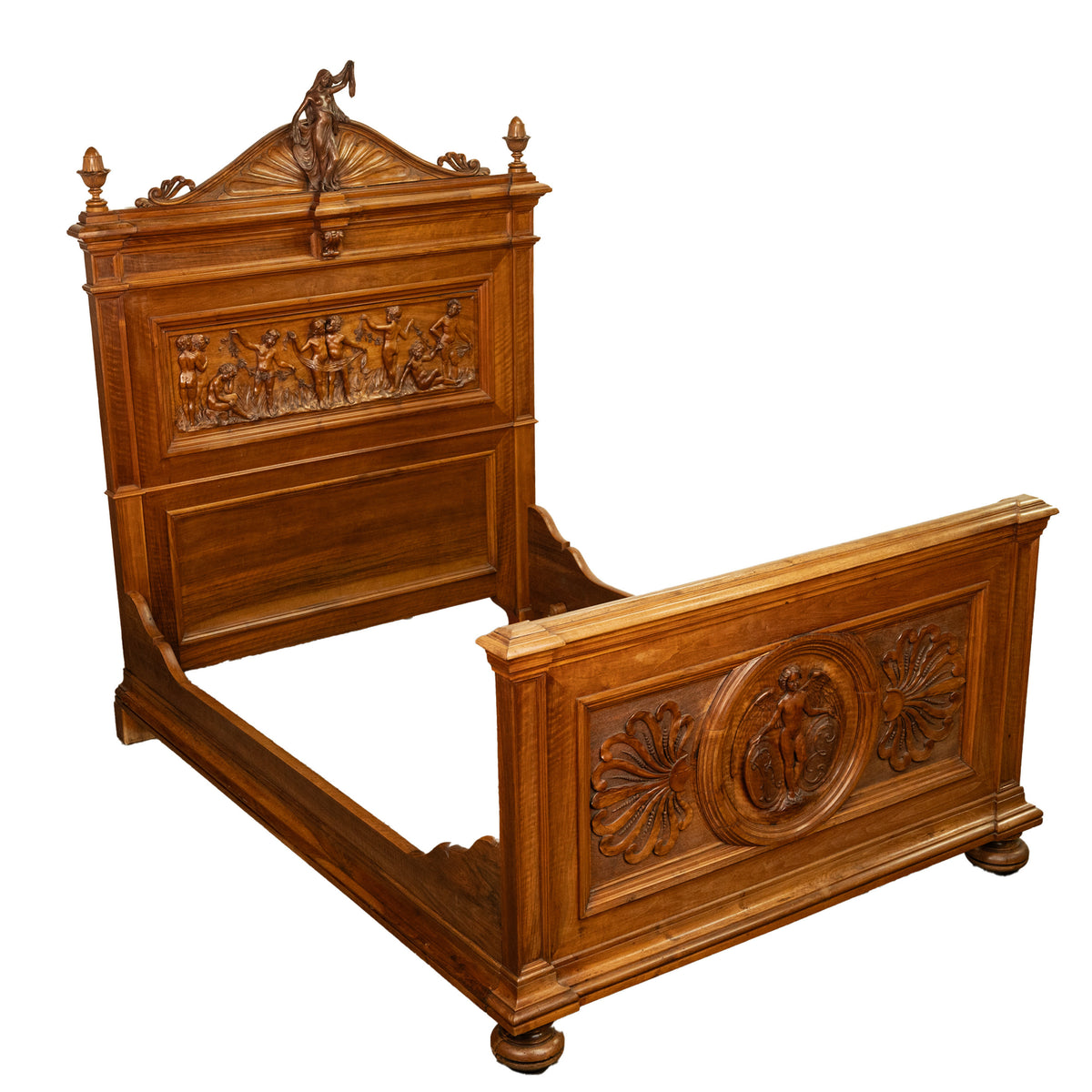 Antique Italian Neoclassical Carved Walnut Size Bed Angels Cherubs Nudes 1870